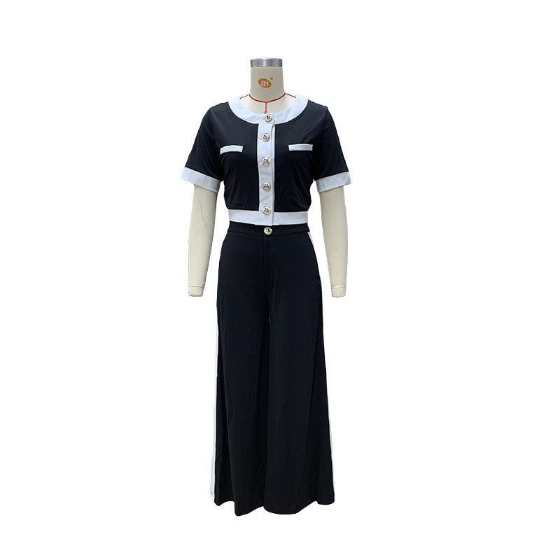 Autumn And Winter Women's Fashion Career Short Short Top Wide Leg Straight Pants Set Two-Piece Suit 9