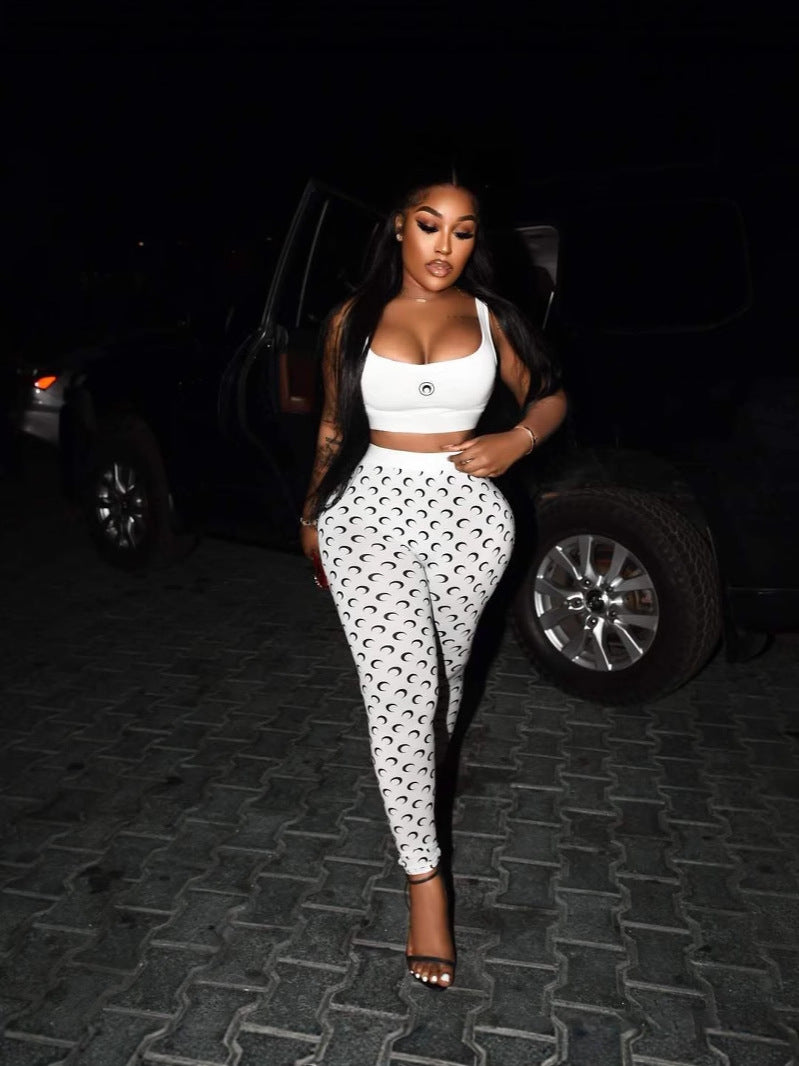 Women summer sexy strap top and printed trousers two-piece set 3