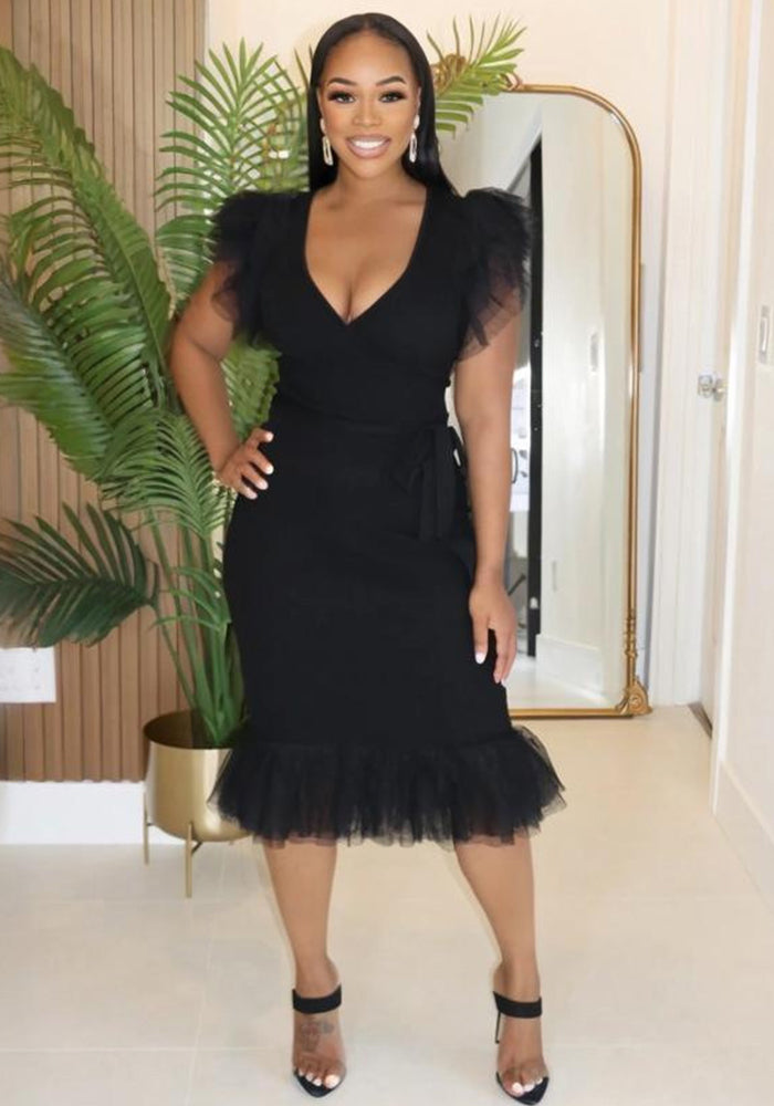 Women Sexy V-Neck Solid Bodycon Pleated Dress