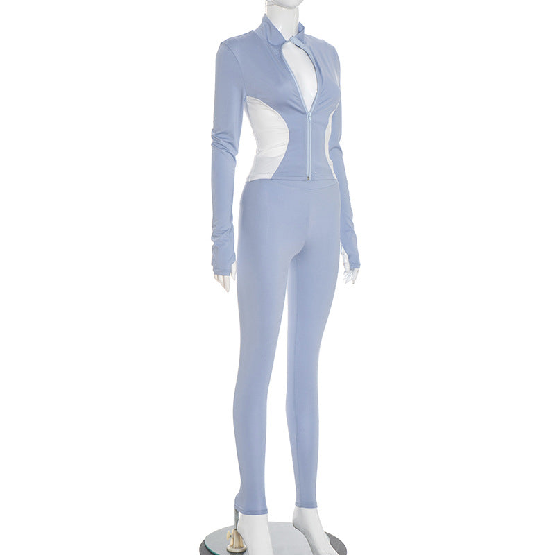 Women Fall Workout Colorblock Sport Jacket Two-Piece Set 9