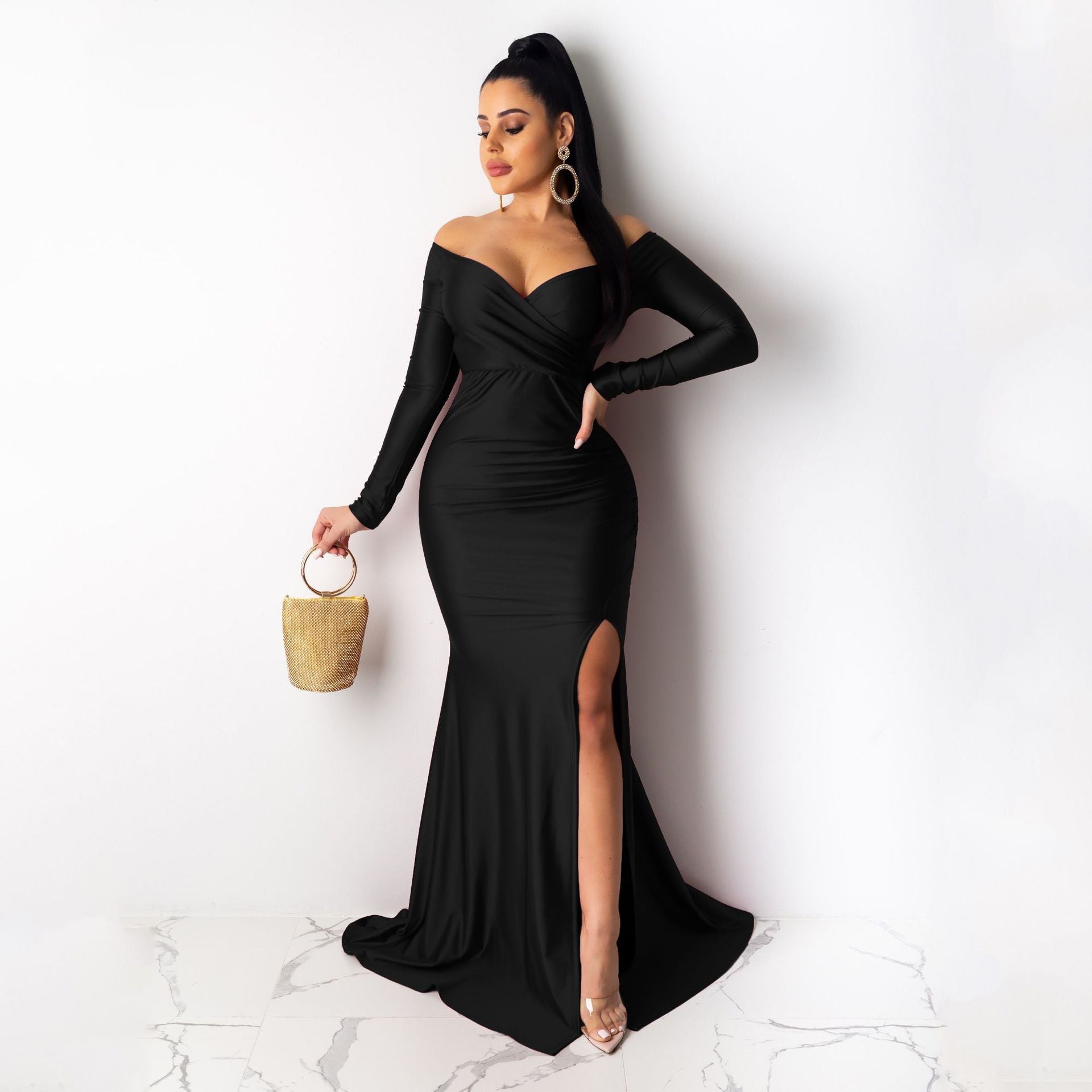 Women Sexy V-Neck Dress Solid Slit Long Sleeve Maxi Dress 4