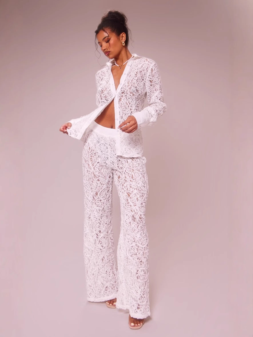 Autumn Slim Sexy Hollow Jacquard Lace Two Piece Pants Set 5