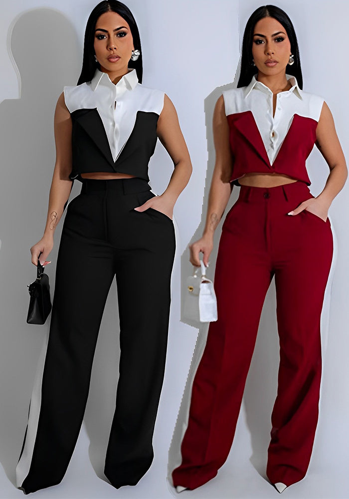 Women Casual contrasting pocket Top and trousers two-piece set