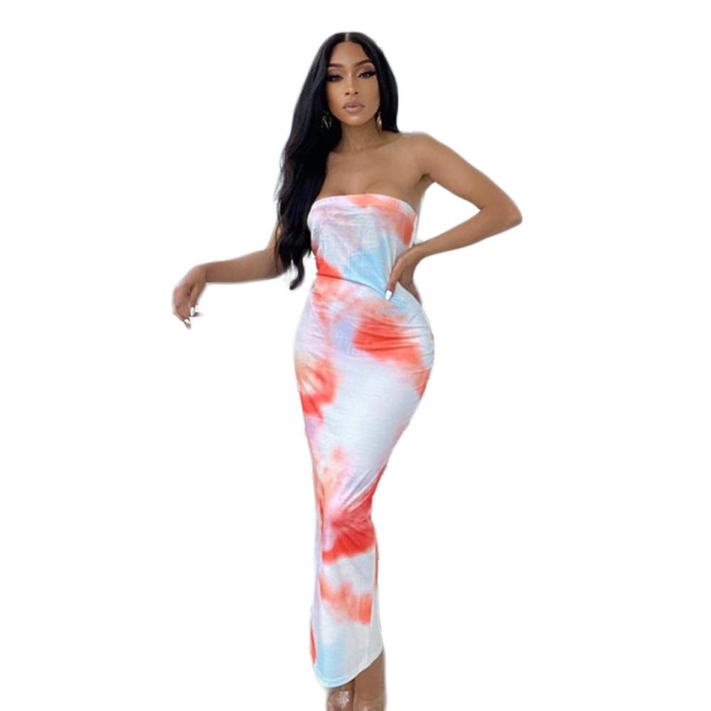 Summer Women's Sexy Printed Strapless Chic Tight Fitting Printed Long Dress 14