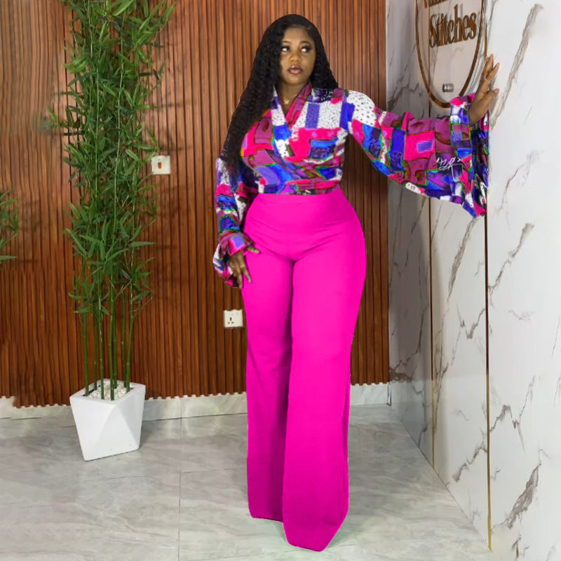 Plus-Size Women Fall Printed Bell Bottom-Sleeve Top and Wide-Leg Pants Two-Piece Set 6