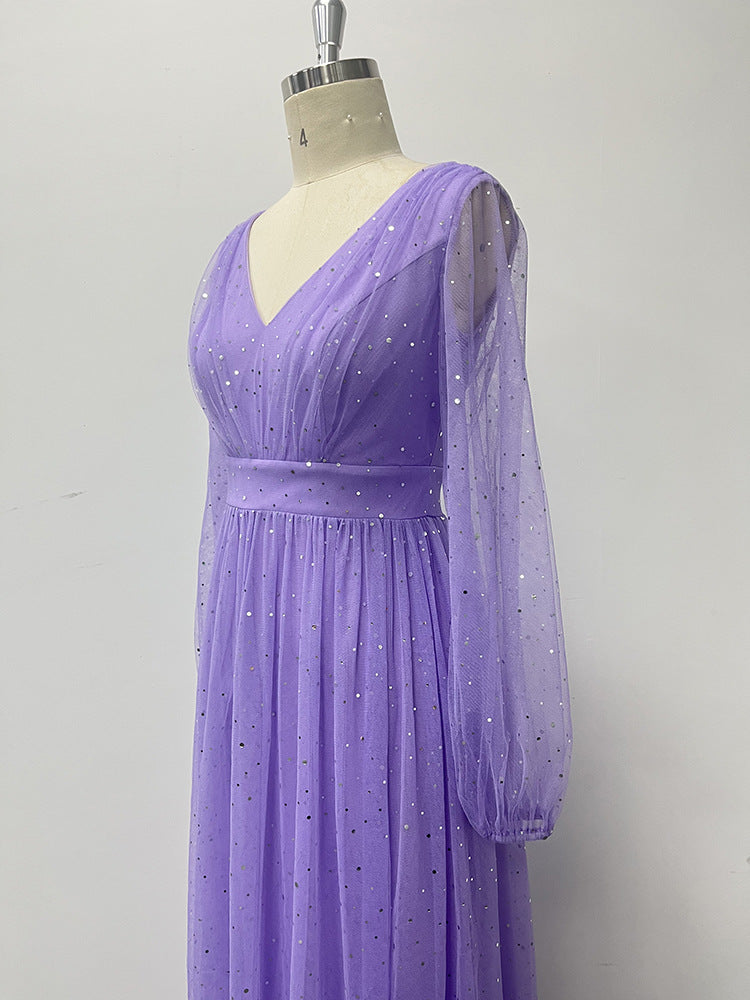 Women's Elegant V-Neck See-Through Long Sleeves Sheer Glitter Evening Gown A-Line Wedding Party Dress 12