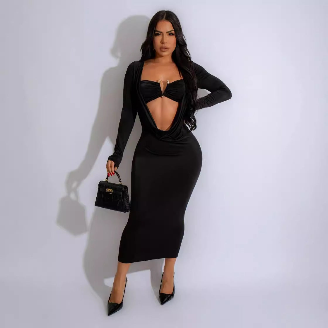 Sexy Deep V Neck Long Sleeve Slim Midi Dress 3