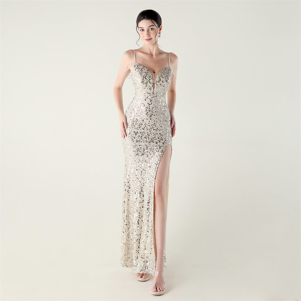 Women Heavy Beaded Tube Beaded Lace-Up V Neck Slit Suspender Formal Party Evening Dress 13