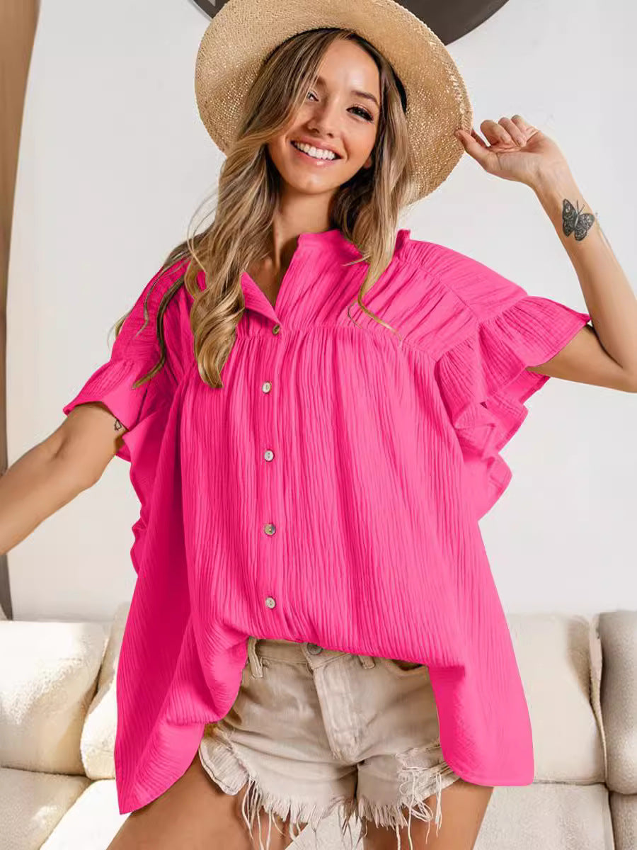 Summer Women's Fashion Stand Collar Ruffle Sleeve Casual Top 7