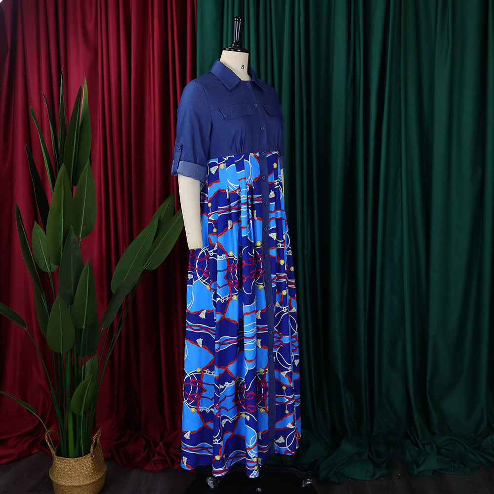 Plus Size Women Casual Denim Patchwork Print Shirt Dress 6