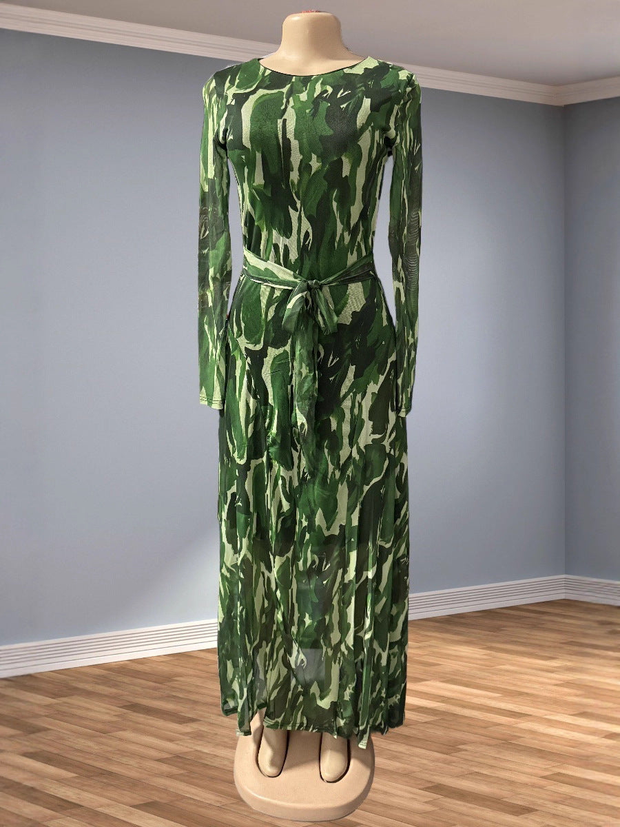 Sweet Mesh Pleated Long Dress Slim Waist Strap Maxi Dress 6