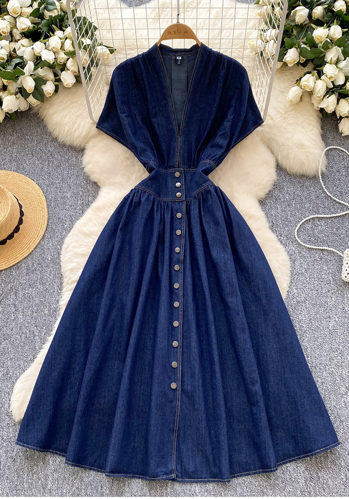 Women's Summer Deep V neck Slim Waist Buttoned Pleated Casual Denim Dress