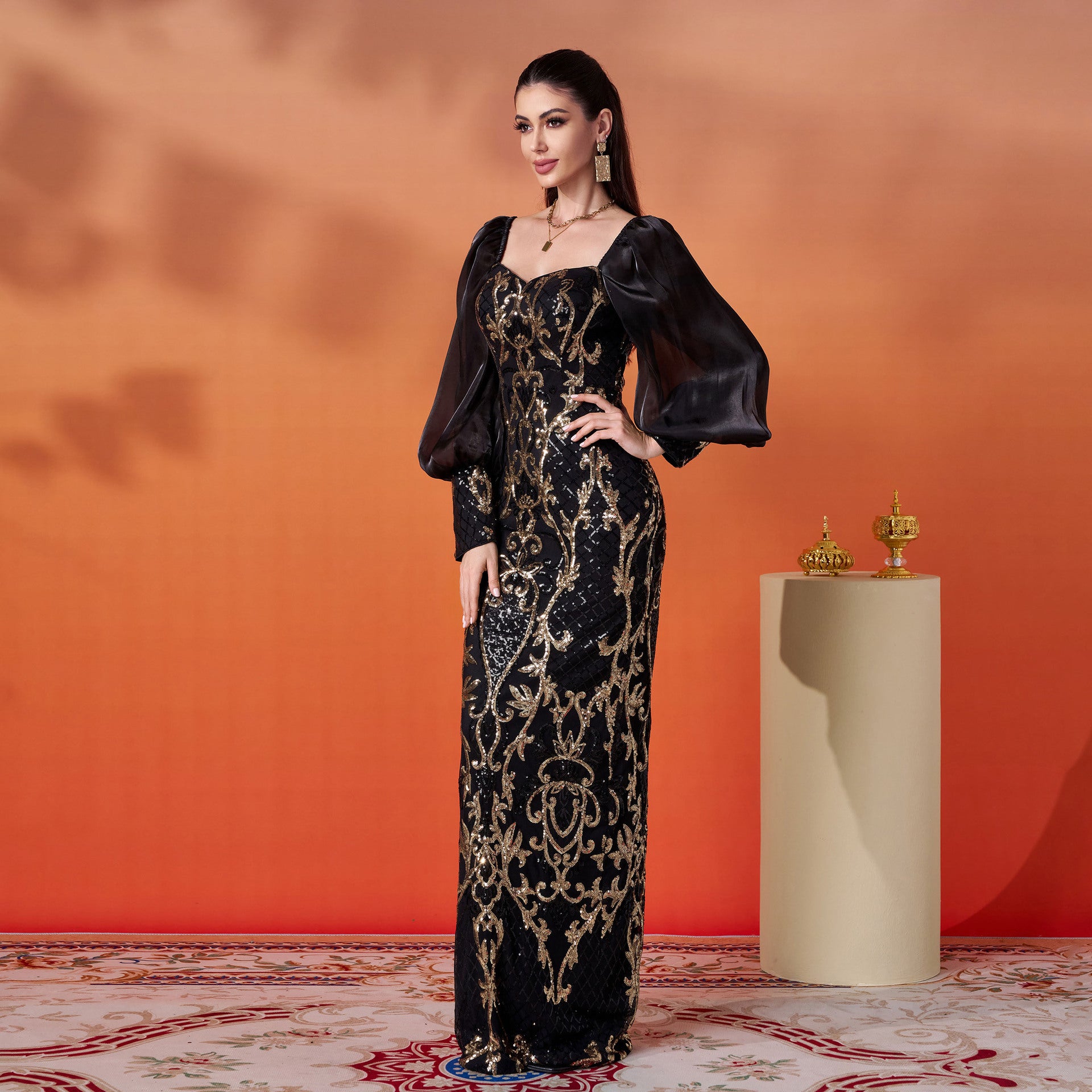 Women long sleeve square neck sequins formal party evening dress 5