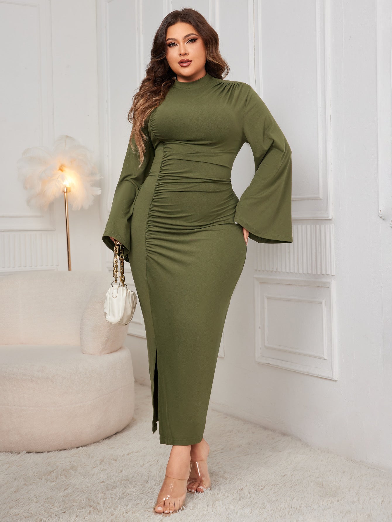 Plus Size Women Solid Turtleneck Slit Dress 3