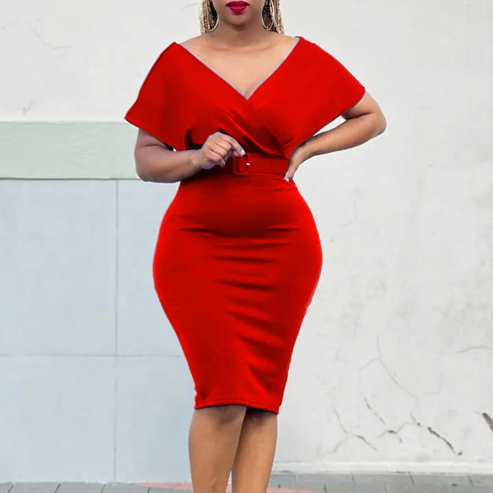 Plus Size Women V Neck Bodycon Stretch Africa Dress with Belt 11
