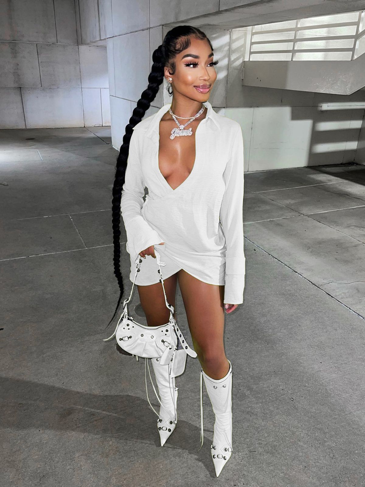 Fall Women Sexy Pleated Crossover Shirt Dress 6