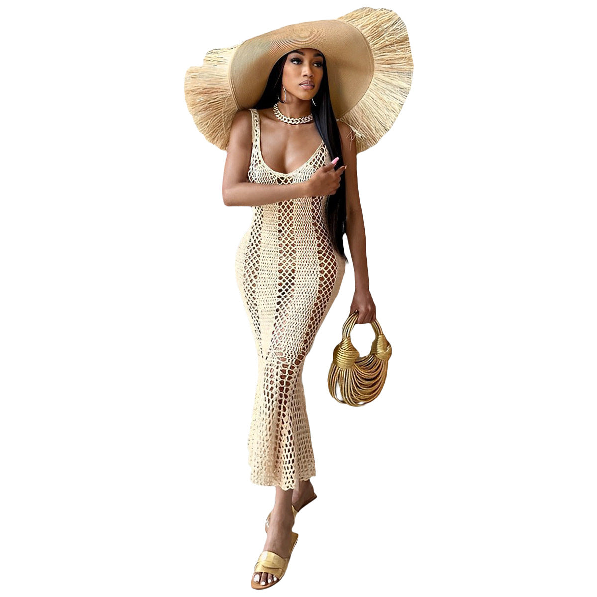 Women's Sexy Hollow Solid Color V-neck Knitting Sleeveless Mermaid Dress 9