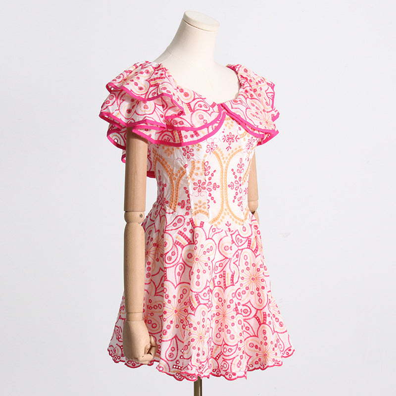 Summer Off Shoulder ruffle embroidered lace Slim Waist Slim Fit Holidays style dress 14