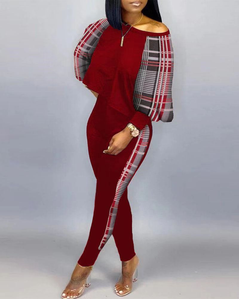 Women Long Sleeve Round Neck Print Off Shoulder Top and Pant Casual Two Piece Set 26