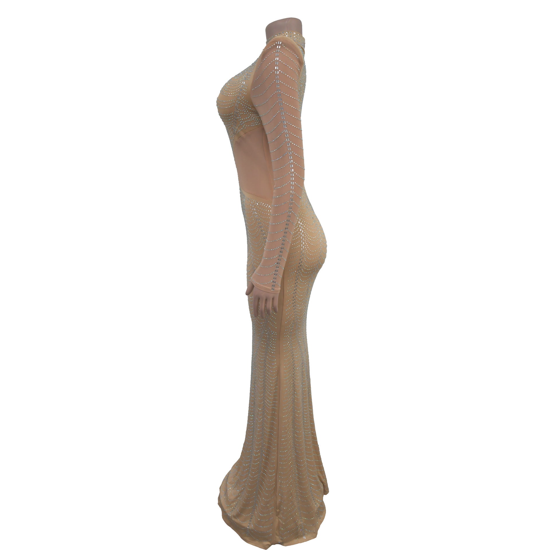 Fashion Women's Solid Color Mesh Beaded Long Dress 11