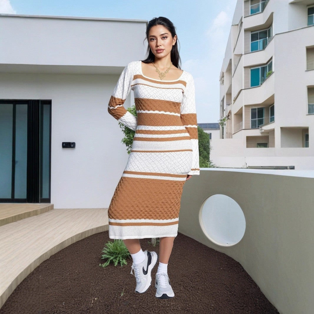 Autumn Multi-Color U-Neck Sexy Cut-Out Long-Sleeve Knit Long Dress 3