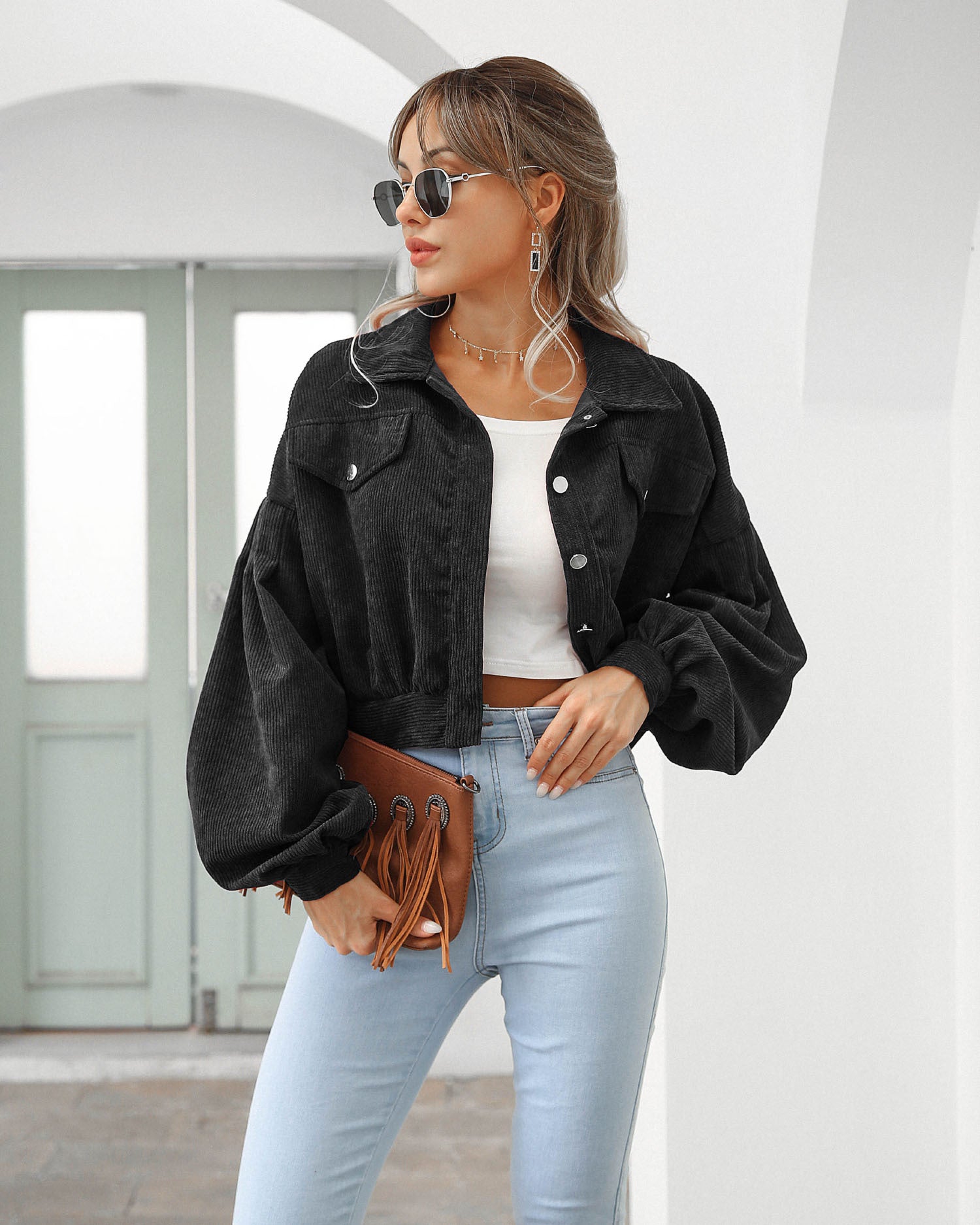 Women Casual Turndown Collar Corduroy Balloon Sleeve Single Breasted Crop Jacket 17