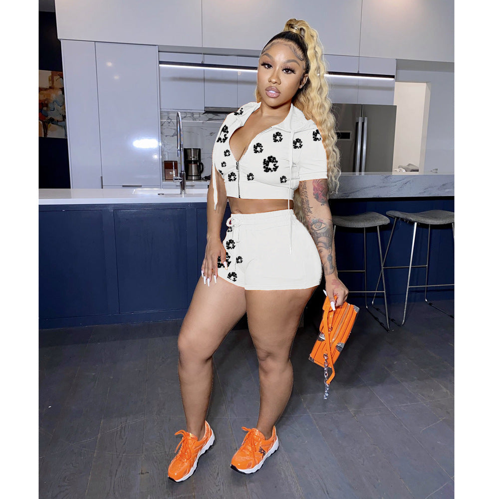 Women's Summer Printed Zipper Hooded Short-Sleeved Top Shorts Two Piece Set 9