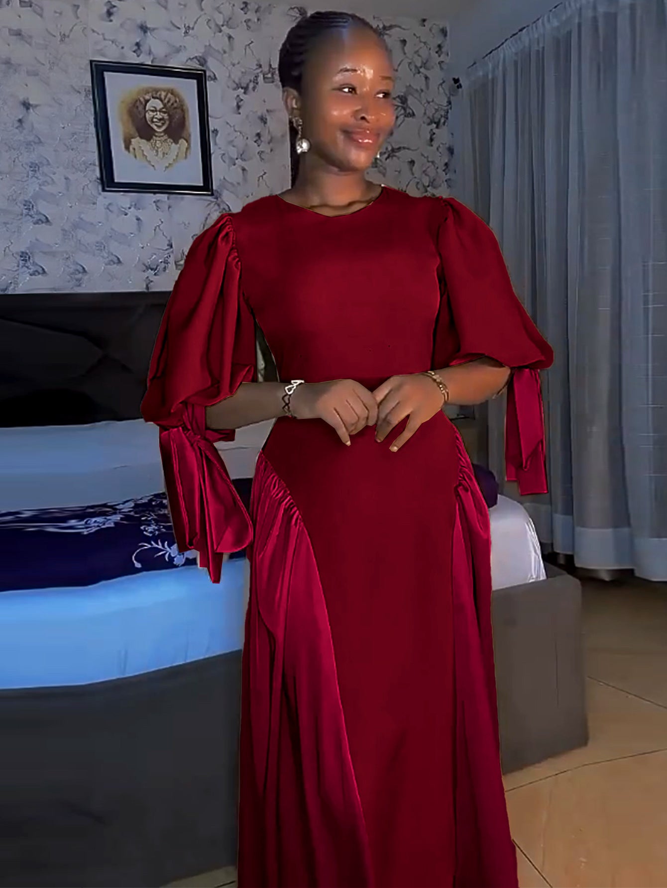 Round Neck Elegant Party Evening Dress Patchwork Fashion Puff Sleeve Party Dress 3