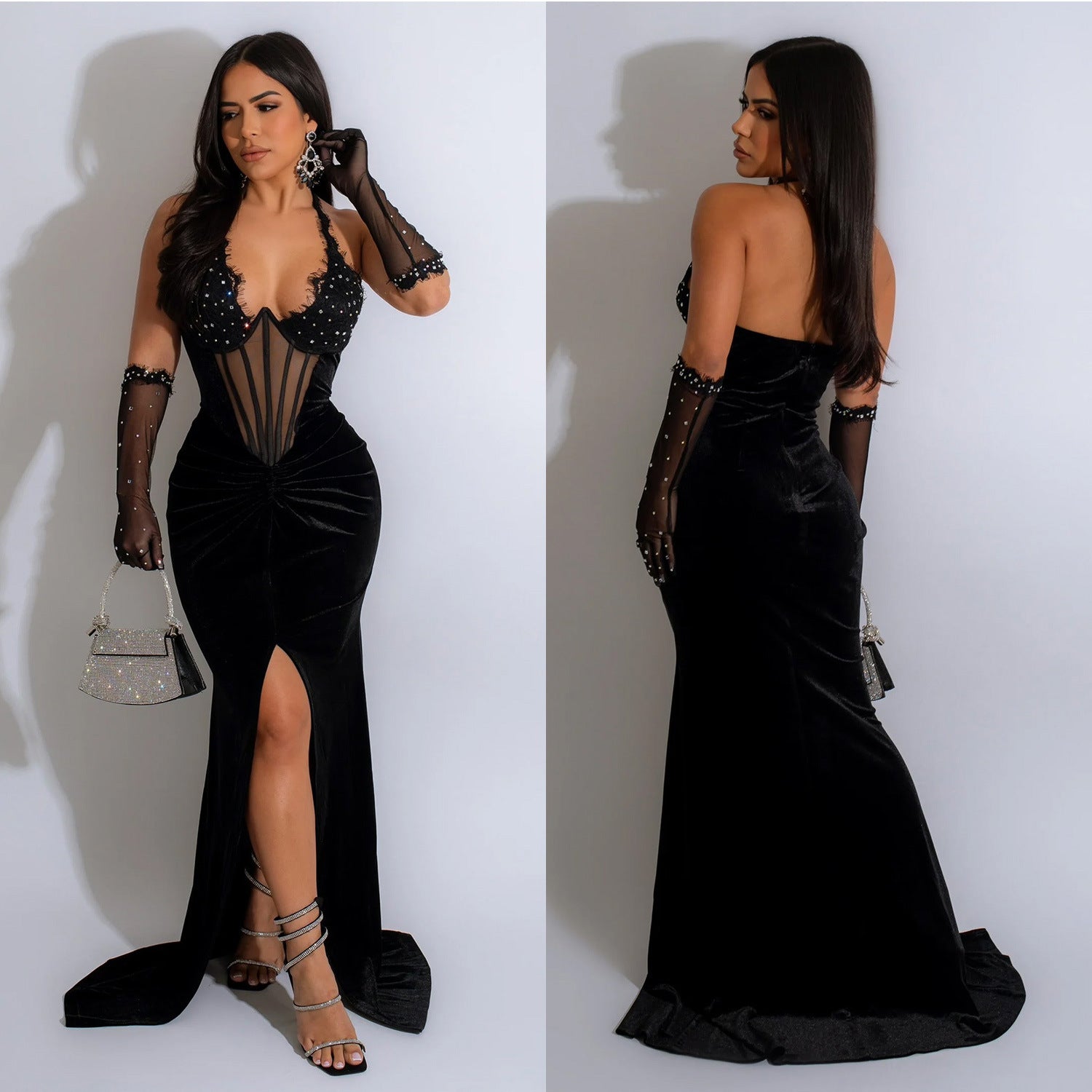Fashion Women's Solid Color Halter Neck Slit Sexy Long Dress 6