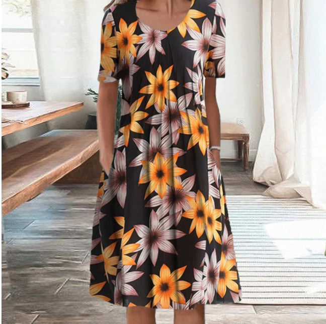 Spring and Summer Plus-Size Elegant Round Neck Print Casual Dress 10