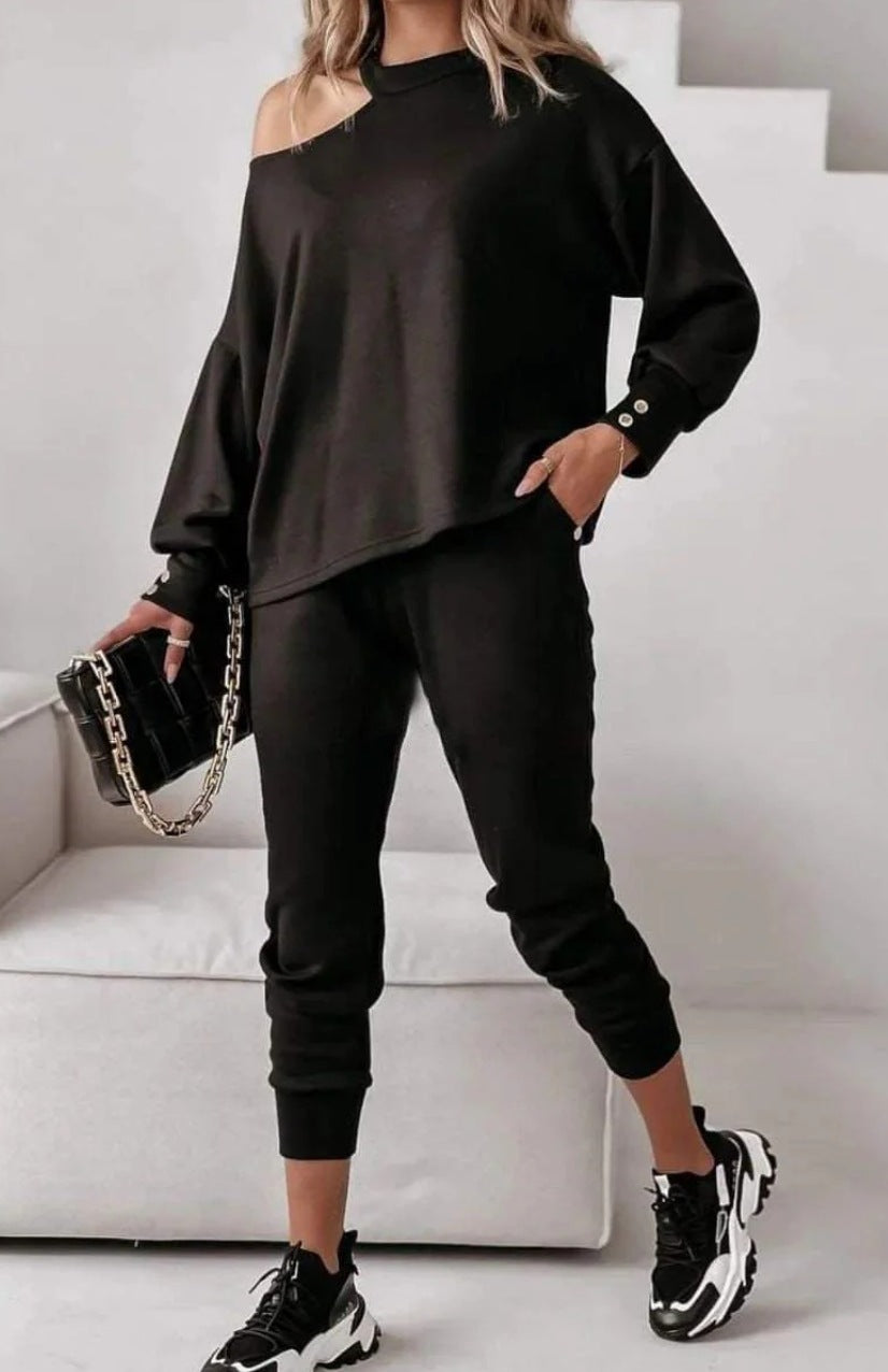 Women's Fashion Casual Solid Color Sexy Long Sleeve Single Shoulder Two Piece Pants Set 4