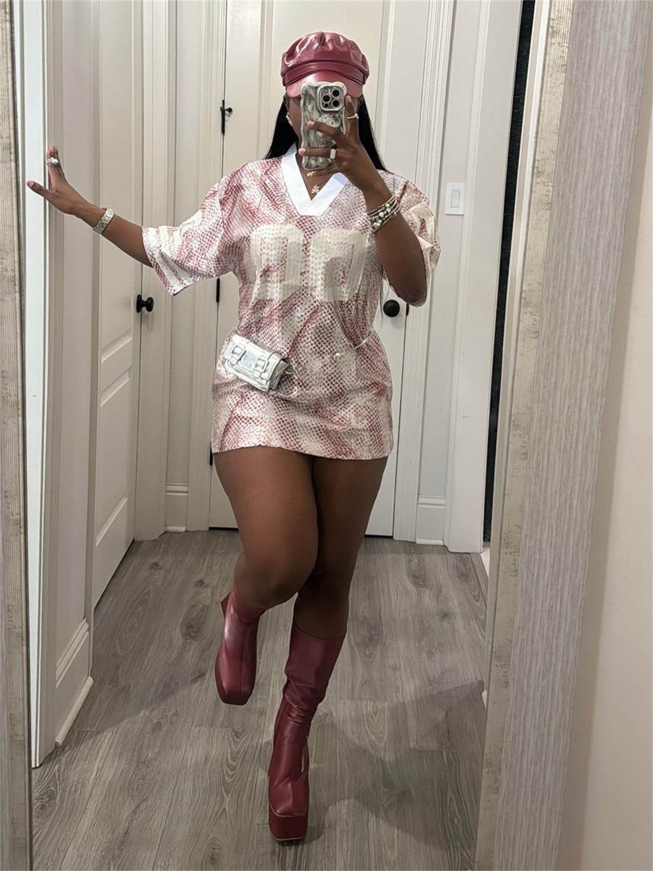 Autumn V-Neck Print Sports Jersey Loose Casual Short Dress 3