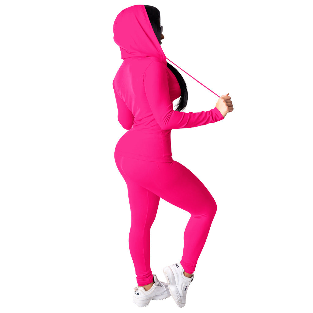 Spring Sexy Casual Solid Color Hooded Two Piece Tracksuit 6