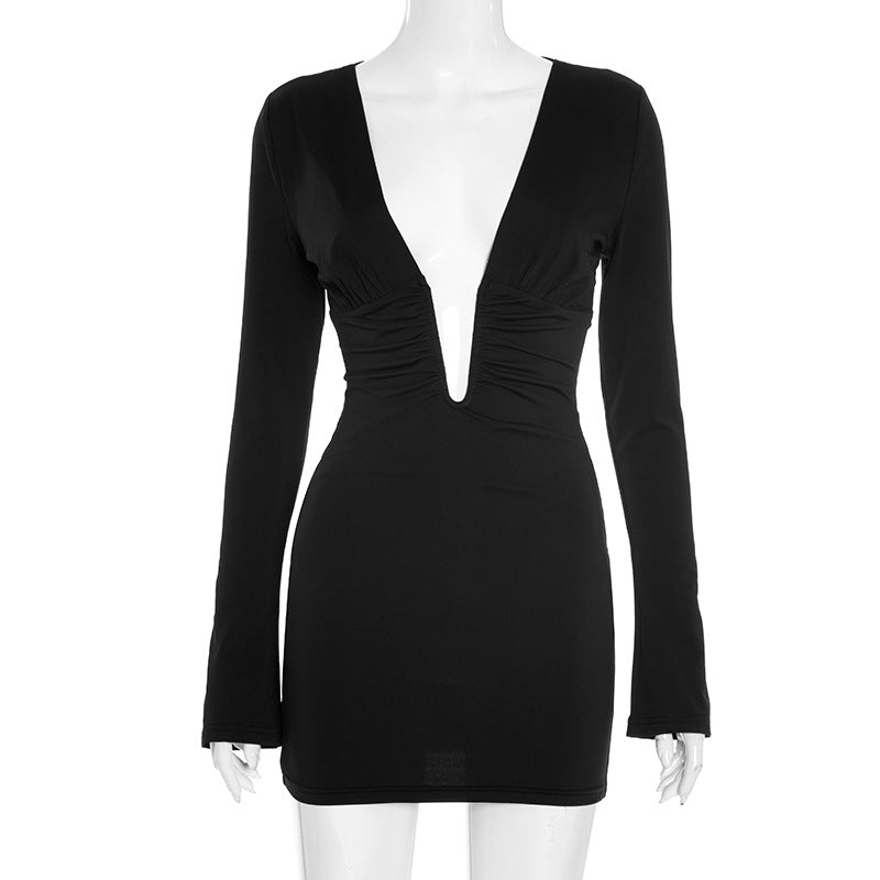 Women Sexy V-Neck Cutout Long-Sleeve Gathered Bodycon Dress 7