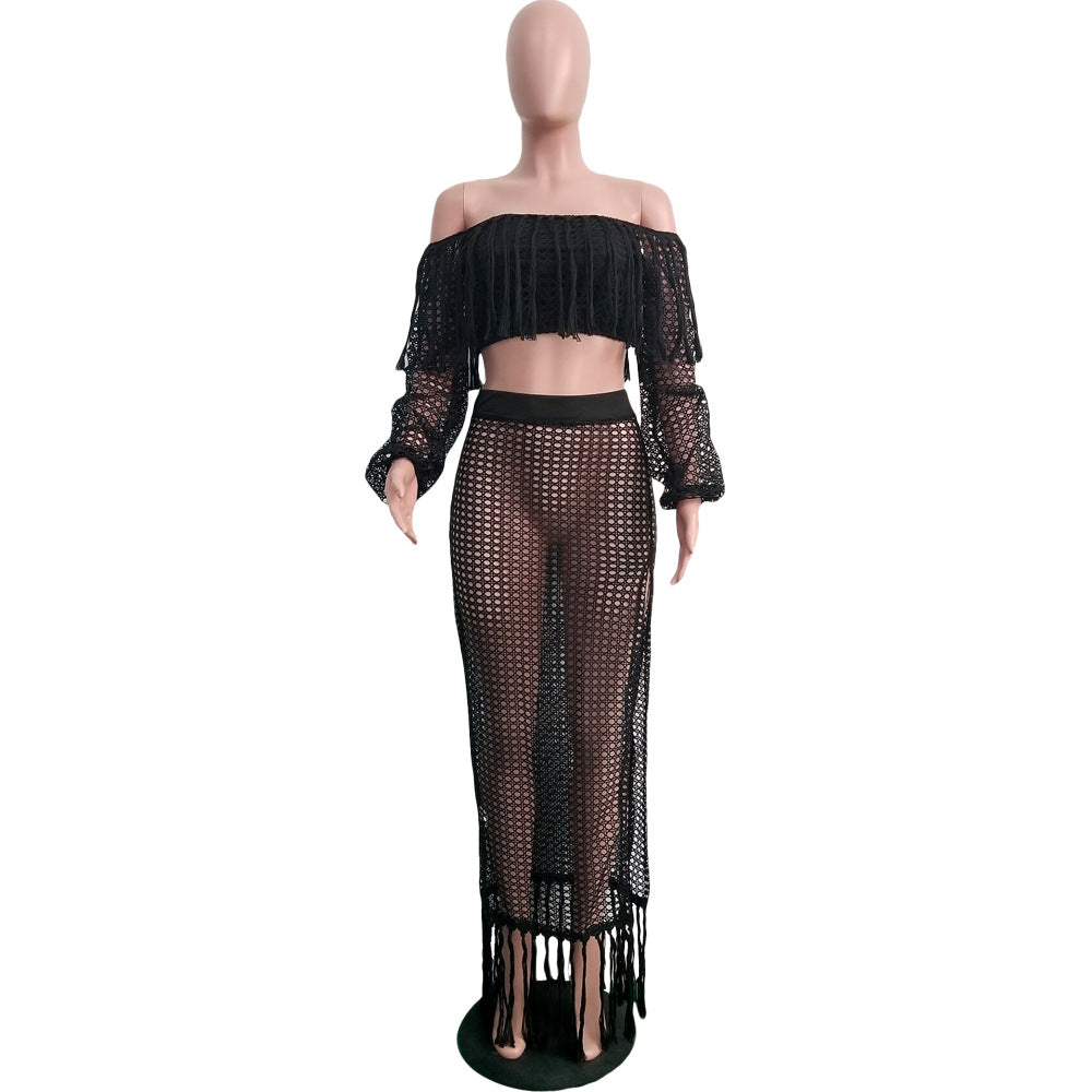Summer Hollow Sexy Fashion Mesh Tassel See-Through Two-Piece Skirt Set 28