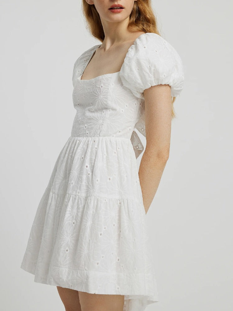 Women White Square Neck Backless Flower Bow Dress 3