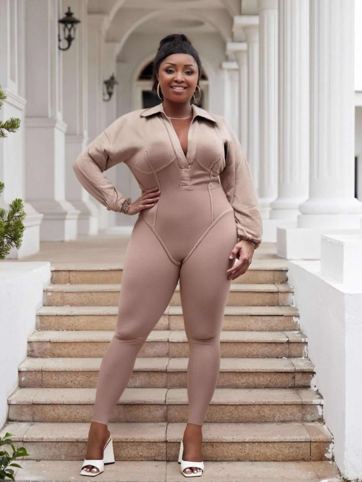 Plus Size Fashion Women Denim Washed Sexy Deep V Tight Fitting Long Sleeve Jumpsuit 13