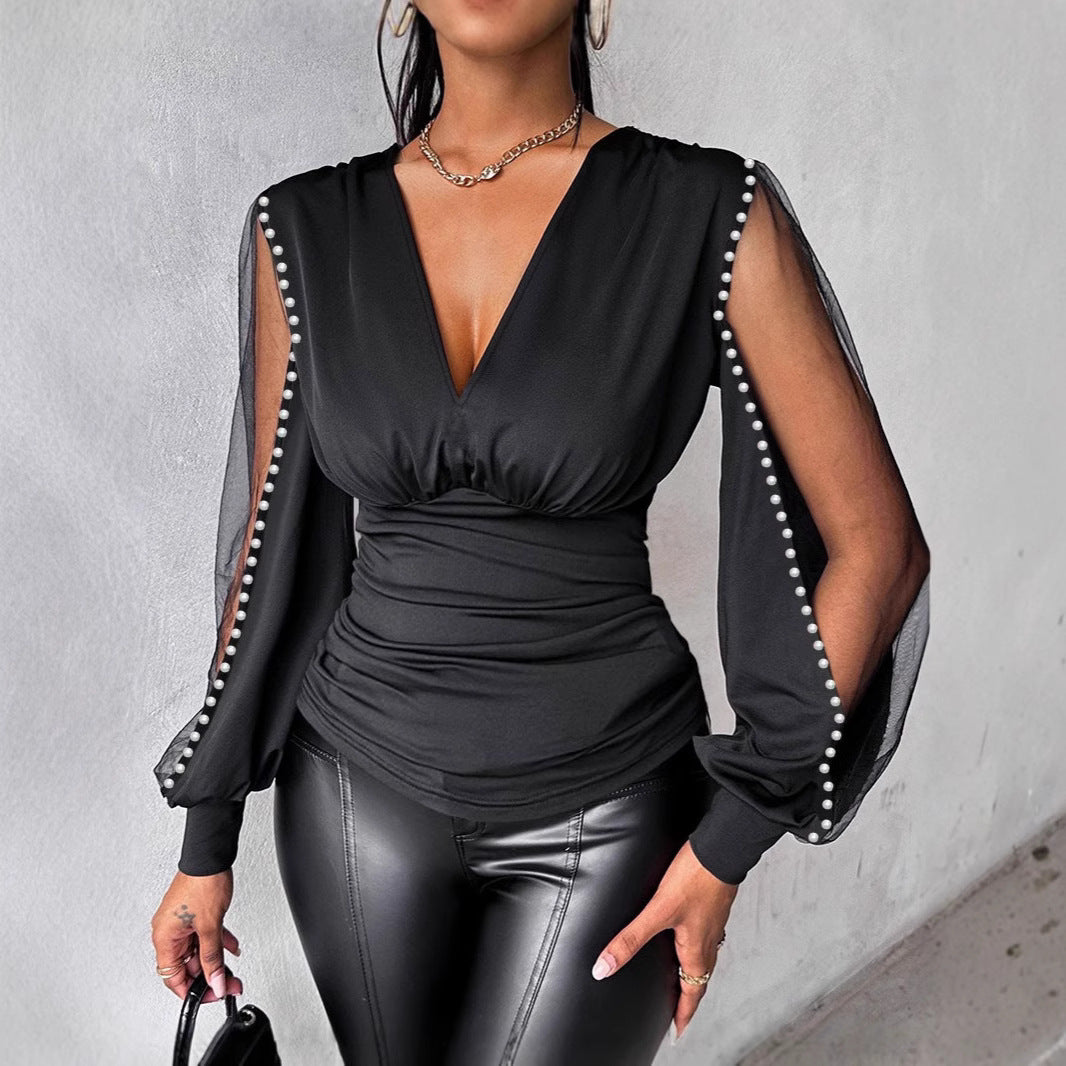 Women v-neck long sleeve Top Solid shirt 3