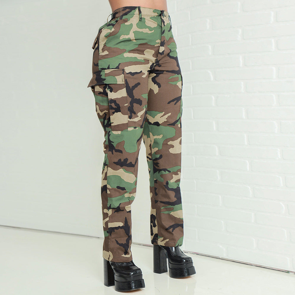 Women Casual Camouflage Print High Waist Straight Leg Pants 9