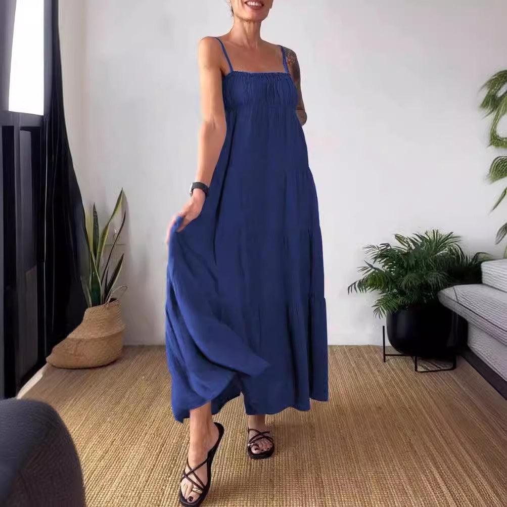 Spring Summer Women's Solid Color Casual Strap Loose Dress 14