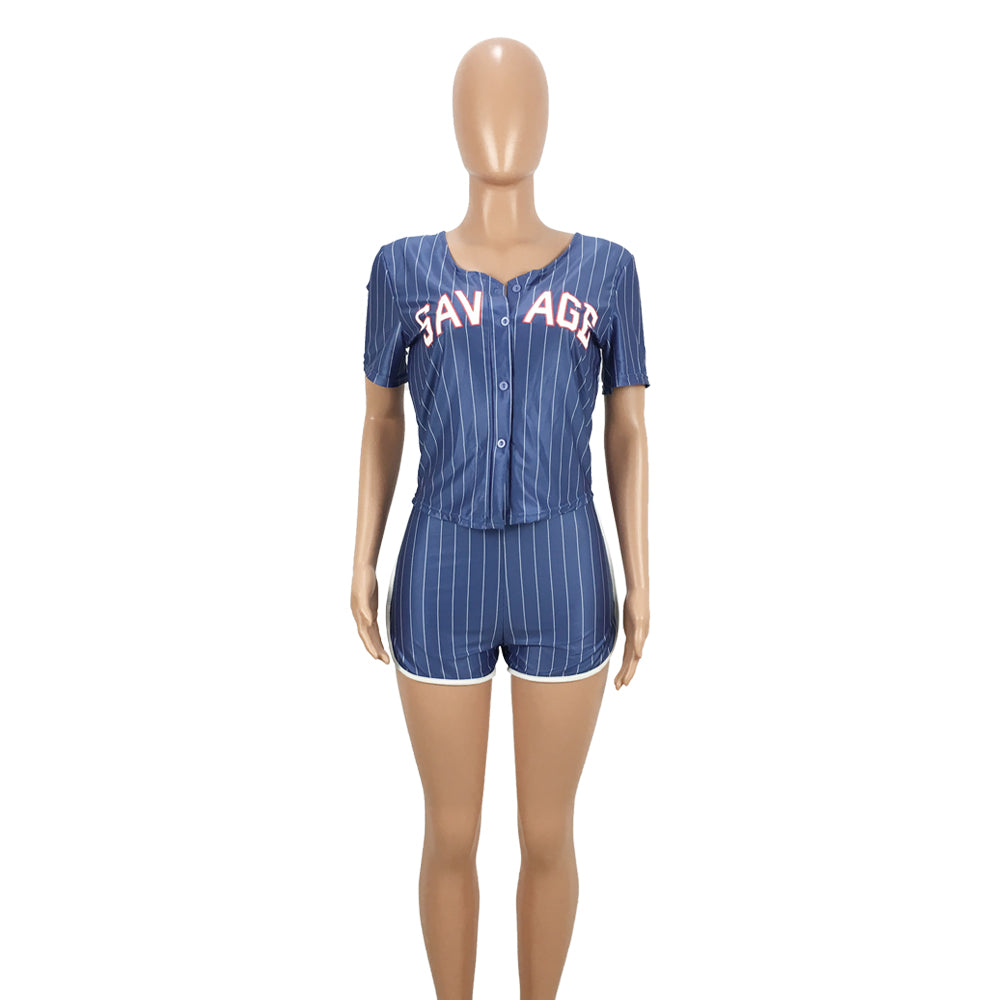 Women Sexy Women Striped Letter Baseball Top and Skirt Two-piece Set 42