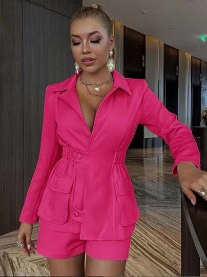 Women turndown collar v-neck long-sleeved pocket top shorts two-piece set 3