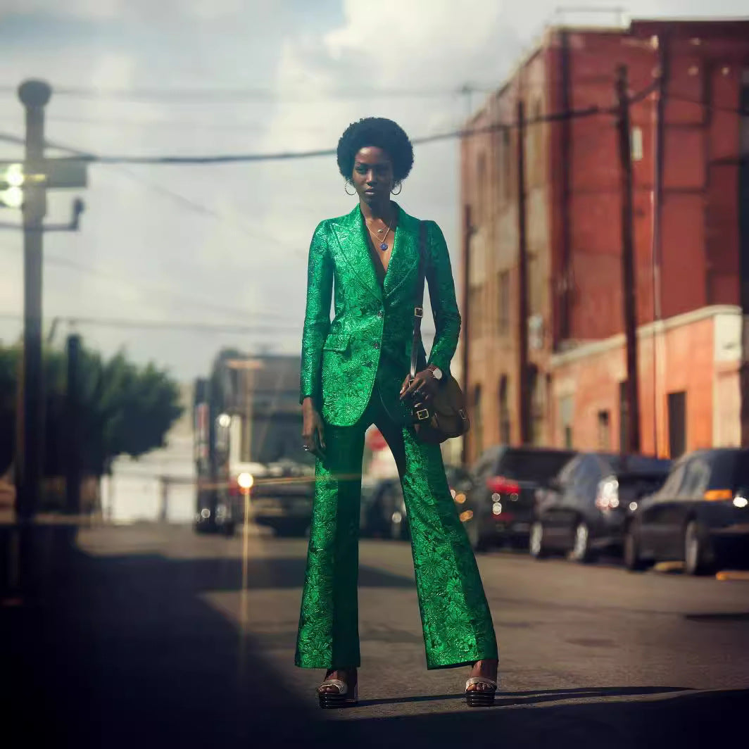 Green Embroidered Blazer Pants Two Piece Suit 3