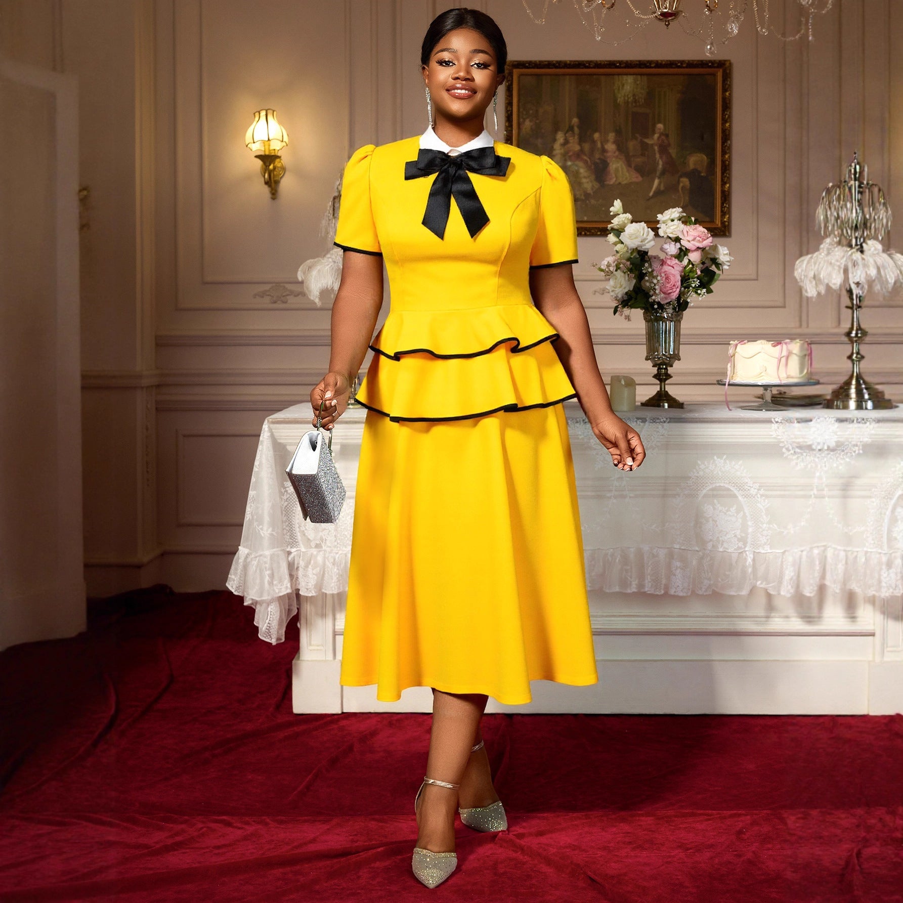 Plus-Size Women Evening Gown with a Playful Short-Sleeved Layered Ruffled Dinner Party Dress 7