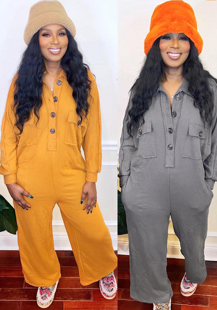 Women Casual Turndown Collar Wide-Leg Jumpsuit