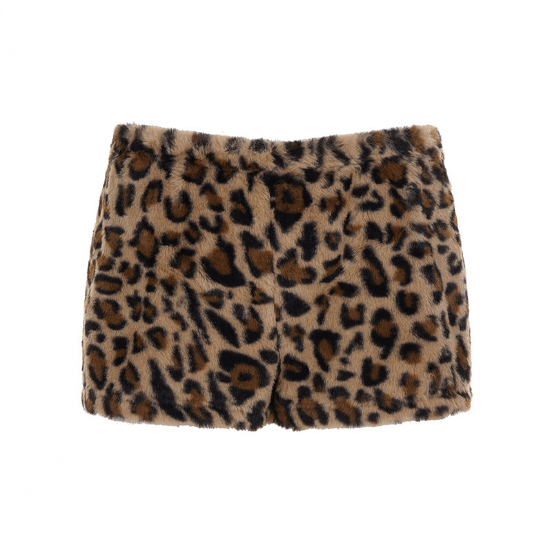 Women Leopard Print Off-Shoulder Long-Sleeved T-Shirt and Furry Shorts Two-Piece Set 4