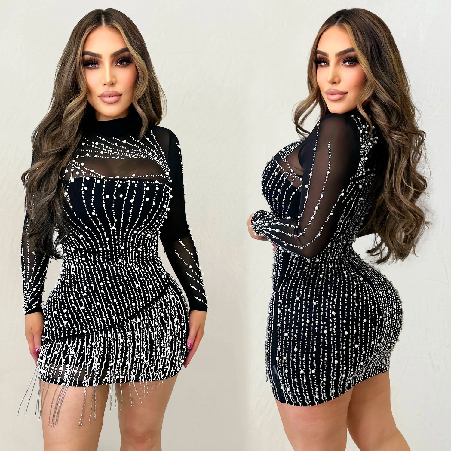 Fashion Ladies Long Sleeve Beaded Mesh See-Through Dress