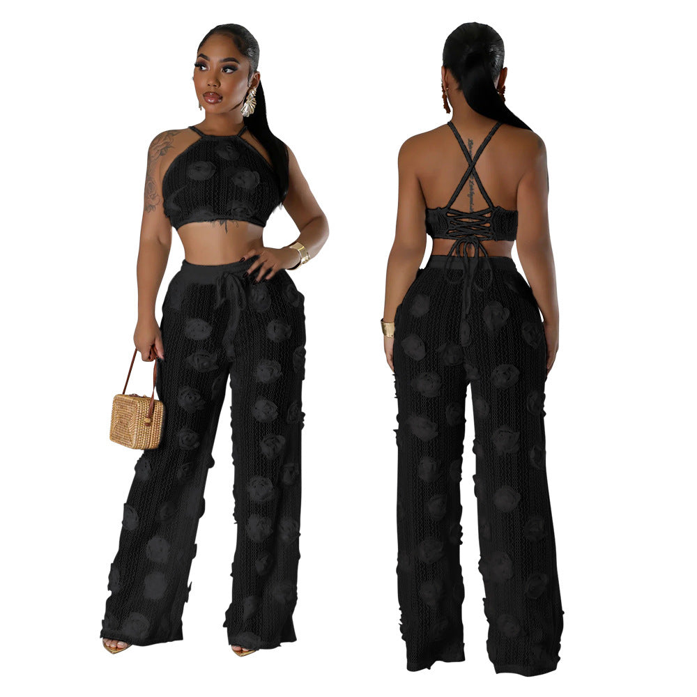 Women Solid Color See-Through Lace-Up Top Loose Slim Pants Two-Piece Set 3