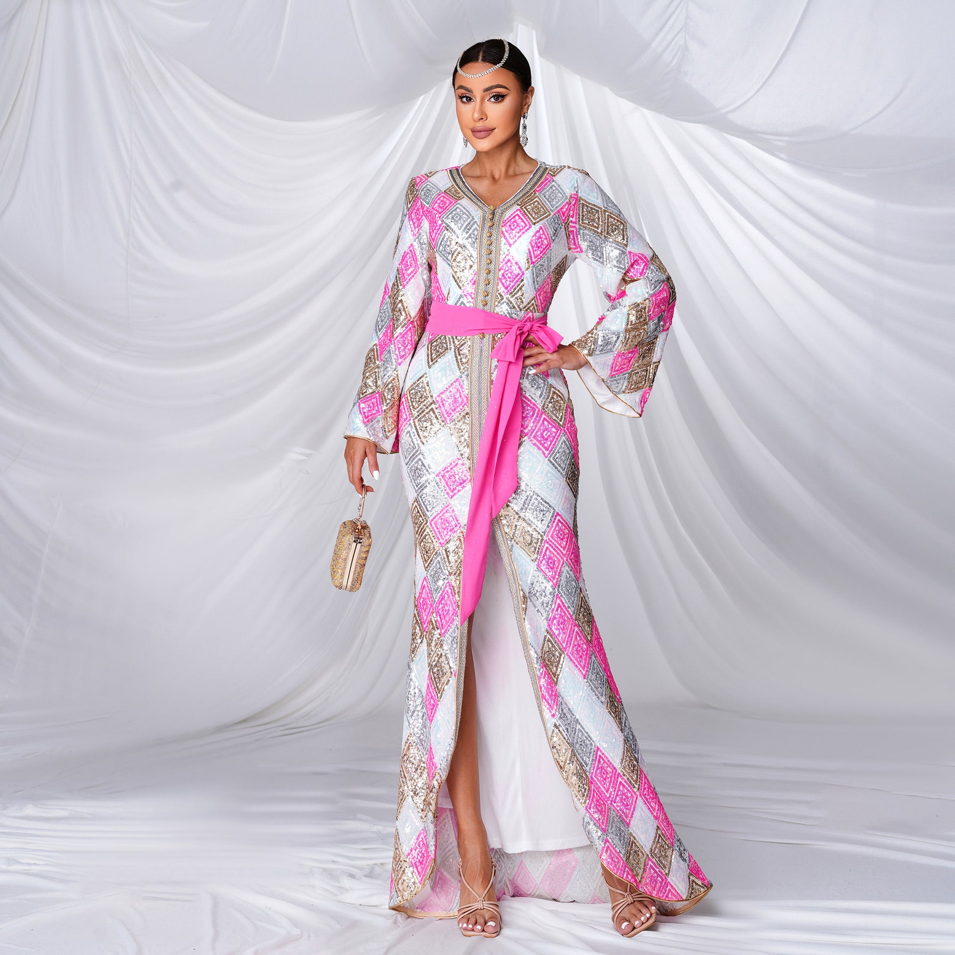 Saudi Arabian Clothing V-Neck Sequin Muslim Evening Dress Women's Clothing 6