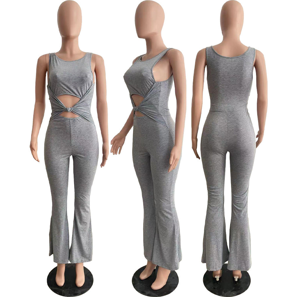 Trendy Solid Knotted High Stretch Wide Leg Jumpsuit 12